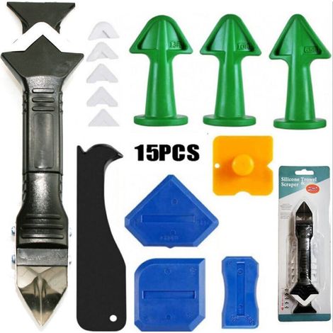 Kit de herramientas de calfeutrage en silicona, 15 piezas 3 en 1, kit de herramientas de calfeutrage con racloir en plastique, herramientas de masilla, parfaits para salle de bain, cocina, salle de ba