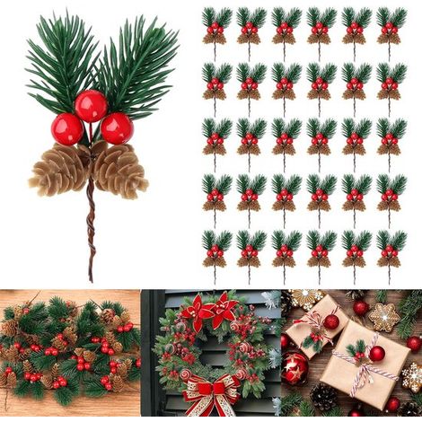 30 branches de Noël décorées de baies et de houx - Branches de Noël - Décoration de Noël en branches de pin à faire soi-même - Avec baies et pommes de pin - Décorations de Noël - Décoration de couronn (1/5)