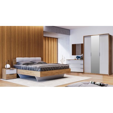 Chambre ASTO , blanc laqué et chêne clair 160x200 cm - avec armoire