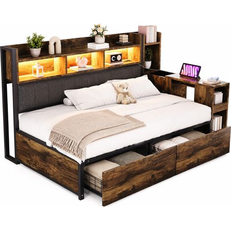 Divano letto 90x200 cm in metallo e legno naturale, contenitori, scrivania, LED - CHICFURN (1/5)