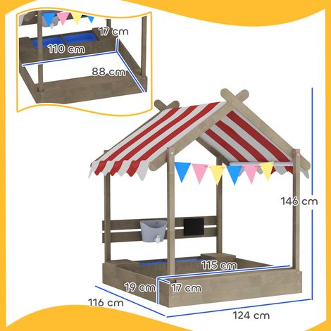Bac à sable avec parasol, style maisonnette, avec ensemble de jouets, bois massif traité, 124 x 116 x 146 cm, gris (1/5)