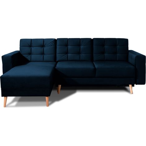 Sofá esquinero convertible HASGARD de 3 plazas en azul oscuro 248x162 cm – con almacenamiento y patas de madera