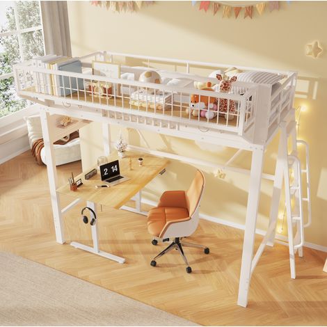 Hochbett 90x200 cm Weiß aus Metall mit Staufächern, offener unterer Ebene und flexibler Treppe (1/5)