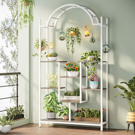 Tribesigns – Support pour plantes d'intérieur 5 niveaux – Étagère arquée en métal avec crochets – Capacité 8 pots – Idéal pour salon, balcon, jardin (1/5)