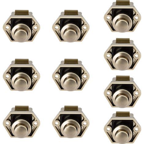 Lot de 10 mini verrous de porte de tiroir/placard à bouton-poussoir, pour caravane, camping-car ou bateau, en nickel. (1/5)