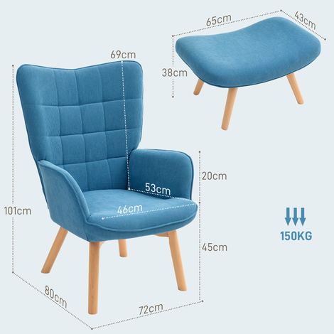 Fauteuil relax avec pouf, dossier haut, piètement en bois, design capitonné, effet velours côtelé, bleu, pour salon et espace détente. (1/4)