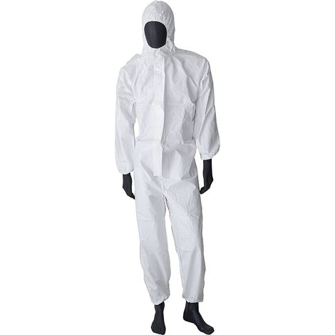 3 Tute DPI protettive contro polveri e liquidi in Polipropilene 57 gr. - Colore bianco DPI Classe 3 - Tipo 5 e 6 - Tuta usa e getta a 2 strati con cap (1/5)