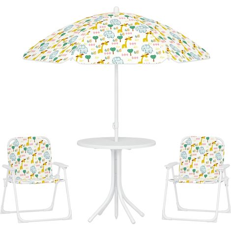 Conjunto de mesa y sillas de jardín para niños, sombrilla ajustable, diseño plegable, color blanco. (1/2)