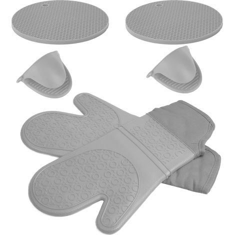 Gants Cuisine Silicone Gris - Lot 6 Pièces avec Pinces et Sous-Plats, Résistants Chaleur Four Micro-Ondes (1/4)