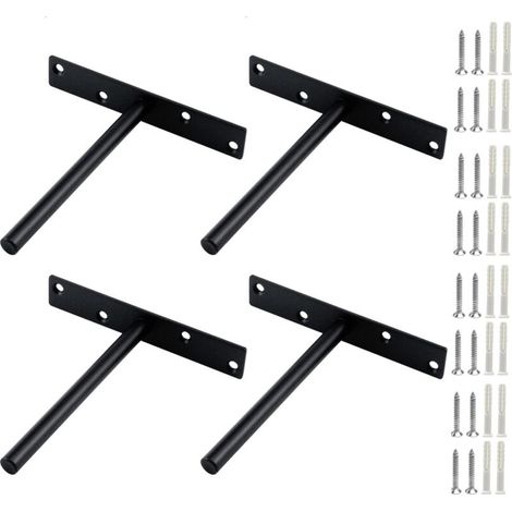 4-Piece Invisible T-Shaped Shelf Brackets, Heavy-Duty Wall Mounting Brackets for Kitchen, Bookcase, and Furniture, Durable Black Steel