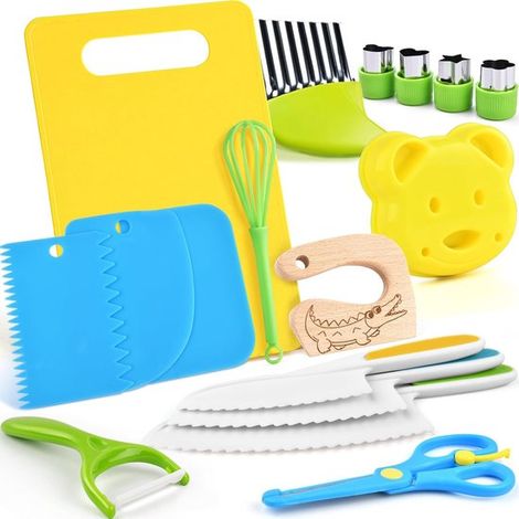 Coltelli per bambini - Set di coltelli per bambini - Set di coltelli - Kit di sicurezza da cucina per bambini da 17 pezzi, coltelli per bambini per tagliare e preparare frutta/verdura, coltelli innocu (1/2)