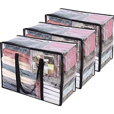 Lot de 3 sacs de rangement transparents pour vêtements, sacs de rangement penderie à fermeture éclair de 55 L, conteneurs de rangement en plastique, sacs de déménagement pour couettes (1/4)