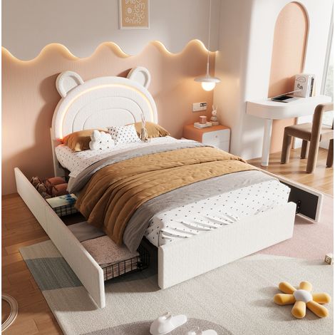 Letto singolo bambino 90x200 cm velluto beige, 4 cassetti LED, senza materasso - CHICFURN (1/5)