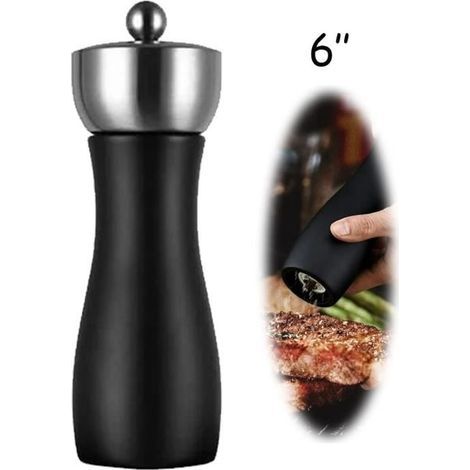 Pepper and Salt Mill - High Quality - Wood and Stainless Steel - 5x5x17cm - Silver and Black (1/4)