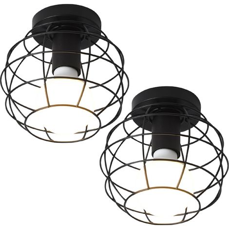 (2X)Lámparas De Techo Industrial Lámpara De Techo Retro Ø17CM E27 Negro Araña De Jaula De Metal
