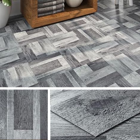 PVC Adhesive Wood Floor Tile Grey 30 x 30 cm Lino Floor Adhesive Bathroom Waterproof Parquet Floors Wood Effect Grey Tile Floors Kitchen Bedroom Living Room 4 Tiles (1/5)