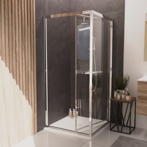 Cuisibane – Paroi de douche d'angle 90x90 cm – Porte rentrante – Verre sécurit 6 mm – Aluminium – Hauteur 190 cm – Largeur d'ouverture 73 cm (1/5)