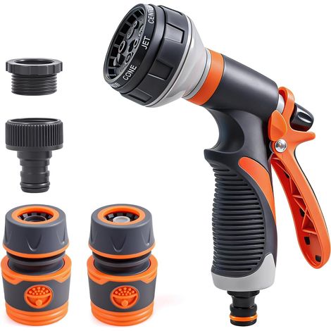 Pistolet d'arrosage de Jardin 8 Modes d'Arrosage Pistolet Arrosoir avec Raccord pour Pelouse, Voiture, Animaux, Terrasse (Orange) (1/5)