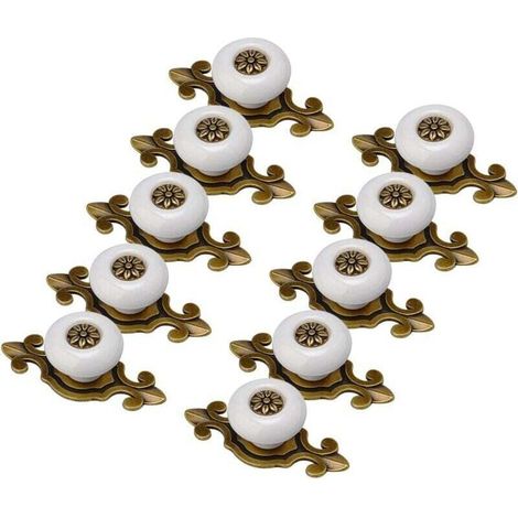 Poignées d'armoire, 10 pièces de design antique, boutons de meubles en porcelaine blanche et vieil or, poignées, boutons, boutons de meubles, poignées de meubles (1/4)
