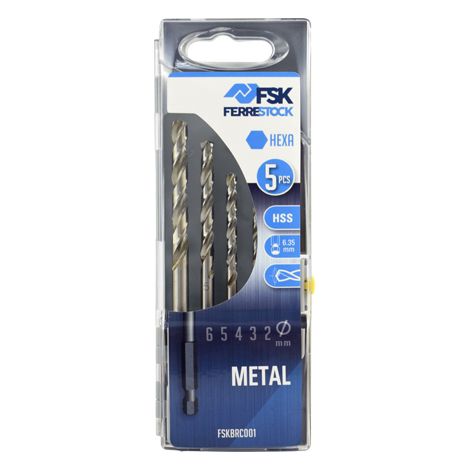 Ferrestock FSKBRC001 set de 5 brocas hexagonales HSS para metal, afilado autocentrante, 2/3/4/5 y 6mm