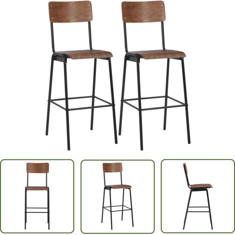 The Living Store Tabourets de bar lot de 2 marron contreplaqué solide et acier - Chaises De Bar - Tabourets De Bar - Chaise De Salle À Manger - Meubles De Cuisine - Mobilier Moderne (1/5)