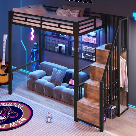 Cama dormitorio metálica con almacenamiento LED negra OKMYHOME (1/5)