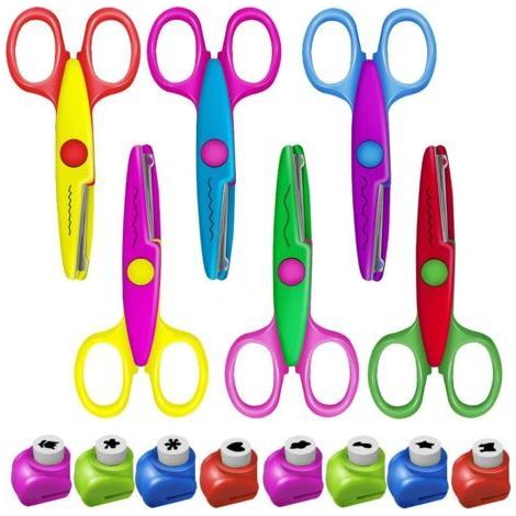 Kinderschere, 6-teilig – Bunte, kreative Wellenmuster-Zickzack-Schere mit Sicherheitskante – inklusive 8 gemusterten Lochern und Stanzen (1/5)