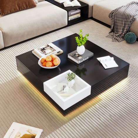 Couchtisch aus Spanplatte in Schwarz-Weiß Hochglanz 72 cm mit abnehmbarer Aufbewahrungsbox und LED (1/5)