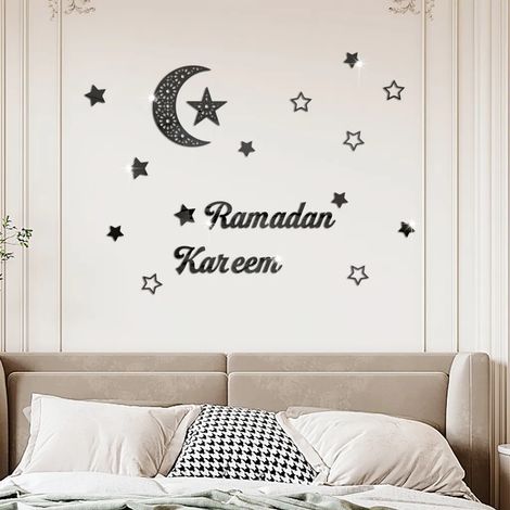 Autocollants de décoration 3D Ramadan Kareem avec baguette Eid Mubarak Eid Al Adha Mond et Stern Aufkleber Islamische Spiegeldekoration (noir) (1/4)