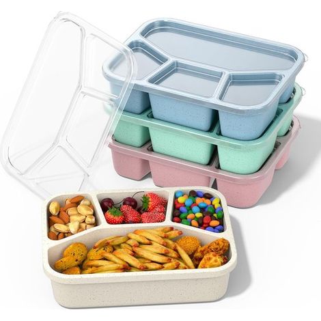 Set de 4 boîtes à lunch bento pour adultes - 4 compartiments - Couvercles transparents - Sans BPA - Compatibles micro-ondes - Pour adultes et enfants - Couleurs blé, vert, bleu, rose, beige (1/5)