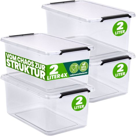DEUBA® Aufbewahrungsbox mit Deckel verschiedene Größen Box Kunststoff Kisten lebensmittelecht BPA frei klein Klickverschluss transparent stapelbar Küche Schlafzimmer 4x 2L