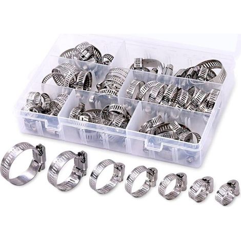 Assortment of 60 adjustable stainless steel hose clamps, 8-38 mm, 7 sizes, for pipes, plumbing, fuel lines, automotive and mechanical applications. (1/5)