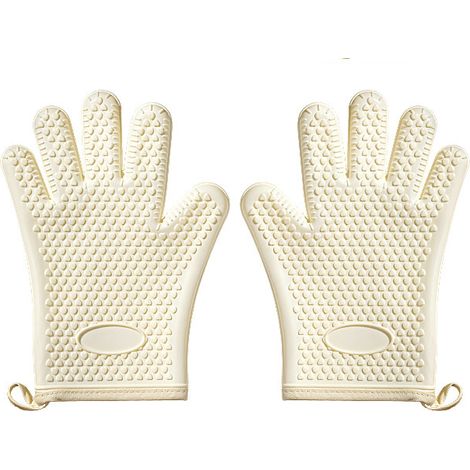 Guantes de cocina de silicona, resistentes al calor hasta 300 °C, con forro suave, imprescindibles en la cocina, estilo de cinco dedos (beige - 1 par) (1/5)