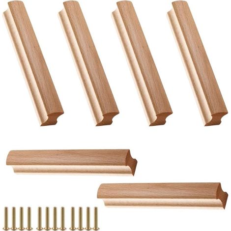6 Pièces Poignée Bois, Poignée Meuble Bois avec Vis, Armoire de Cuisine en Bois Massif avec Poignées, Distance Entre les Trous 128 mm (1/5)