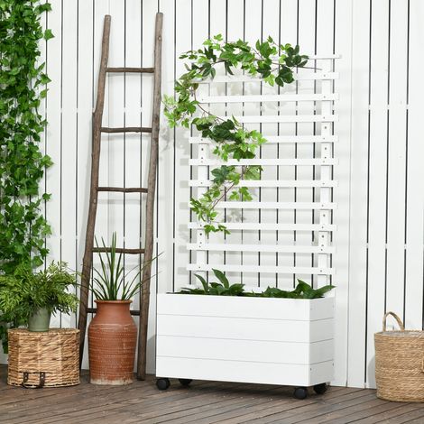 Vertikaler Pflanzkasten mit 4 Rollen und Holzrankgitter für Kletterpflanzen, 76 x 30 x 155 cm, Weiß