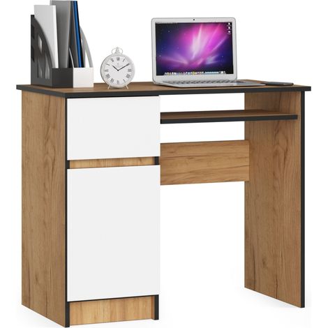Escritorio de ordenador AKORD PIKSEL Roble Craft 90 cm con lado izquierdo 1 puerta 1 cajón frente en color Blanco 3 estantes 90x50x77 cm (1/4)