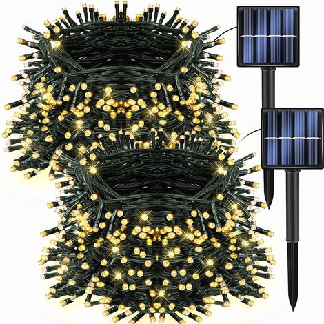 Lot de 2 guirlandes lumineuses solaires d'extérieur de Noël, 300 LED, blanc chaud, 8 modes, étanches, pour chambre, terrasse, jardin, arbre, fête, cour (1/4)