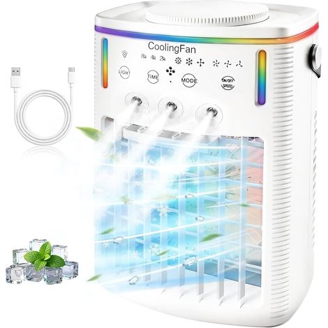 Aire acondicionado portátil 4 en 1 de 2026, mini aire acondicionado para coche y dormitorio, 3 modos y 3 velocidades, LED de 7 colores y control remoto para oficina, camping y viajes (1 unidad) (1/5)