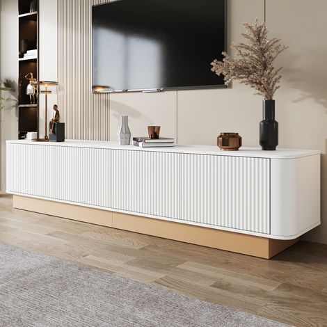 Mobile TV basso 200 cm con ante scanalate, 4 ante con contenitore, ripiani regolabili, passacavi, finitura laccata, design moderno - Bianco