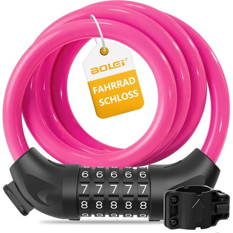 Antivol Vélo Câble Acier 12mm 120cm Code 5 Chiffres Étanche Rose pour E-Bike Poussette (1/5)