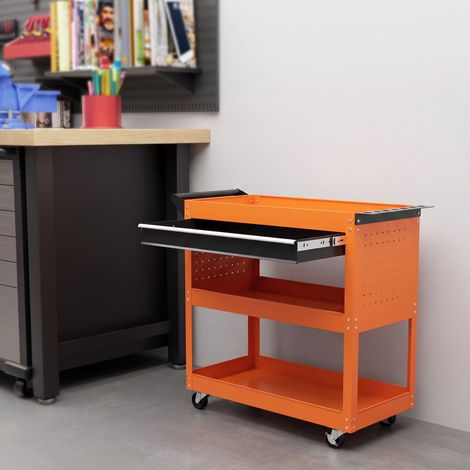 Chariot d'atelier servante atelier à 3 niveaux avec tiroir, porte-outils latéral et poignée, 82x35x76 cm, orange (1/5)