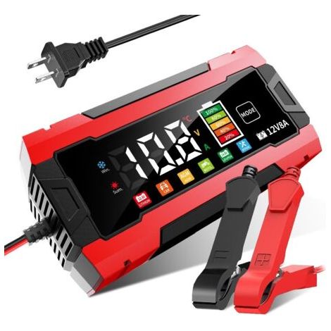 12V 8A Autobatterieladegerät mit Farbdisplay (Rot), 12V Ladegerät, Motorradbatterieladegerät, Lithium-Eisenphosphat-Ladegerät, kompatibel mit Lithium-Säure-Batterien
