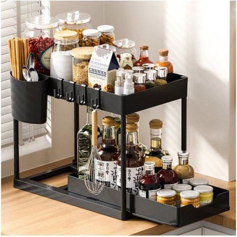 étagère de rangement sous évier coulissante, plastique noir, 39×22,5×31,5 cm, avec 4 compartiments et hameons. Pour cuisine.