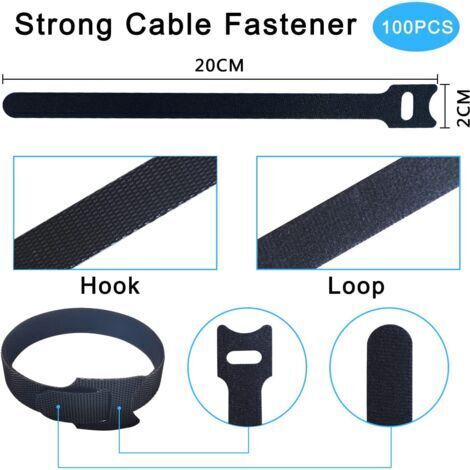 Attache Câble 100pcs Scratch Serre Cable Bande 200mmx12mm Sangle Réutilisable Câble Management Facile à Couper pour Ranger et Organiser Tous Les Câbles, 12mm de Large Non-adhésif Bande Hook & Loop (1/3)