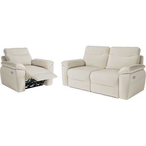 PACK - Canapé de relaxation ROSS électrique 3 places et fauteuil en tissu antitache - Beige