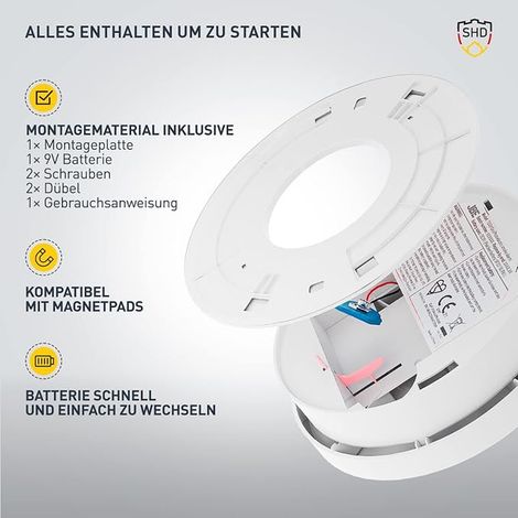 Détecteur de fumée Détecteurs avec Alarme Incendie Pile 9V remplaçable Bouton Test Blanc DOF19 (1/2)