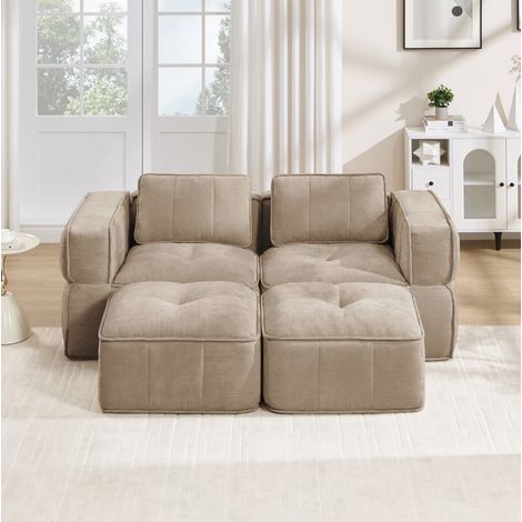 Modulares 2-Sitzer-Sofa 198x162x67 cm aus Polyester, Sand, mit 2 Hockern – MEUBLIV (1/5)