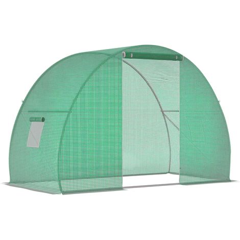 Serre de jardin tunnel serre d'hivernage Surface Sol 4,5 m² dim. 3L x 1,5L x 2H m structure tubulaire renforcée portes zippée 2 fenêtres enroulables vert
