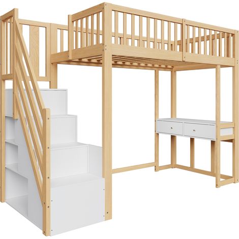 Letto a soppalco 90 x 200 cm con scrivania multifunzione e scala contenitore in pino bianco (1/5)