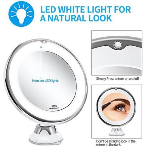 Miroir Grossissant - 10x - Éclairage Intégré - Ventouse Réglable 360° - Sans Fil - Pour Salle De Bain Et Voyage - 1 Pièce (1/4)